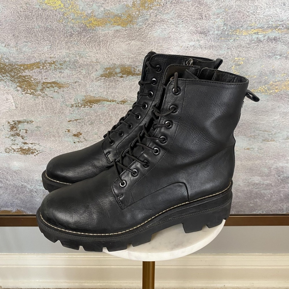 Sam Edelman Combat Boots Womens Size 8.5 Black Leather Lace Up Lug Sole Zip